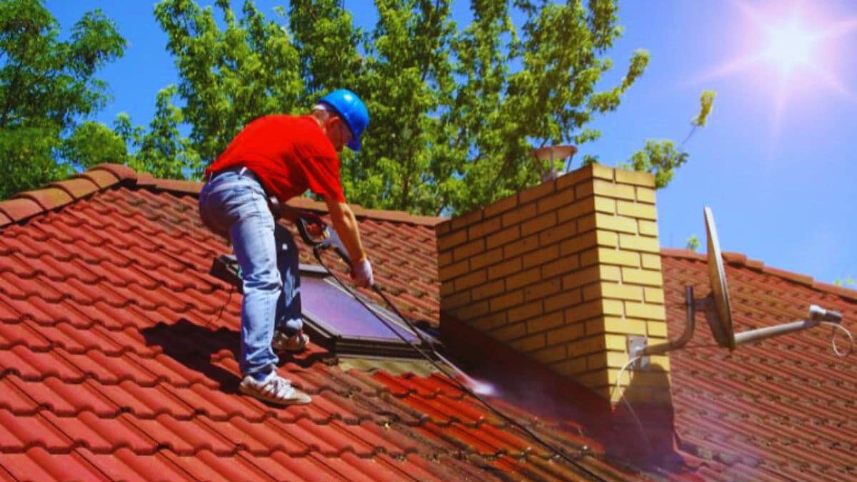 Professional reinigt en ontmost dak