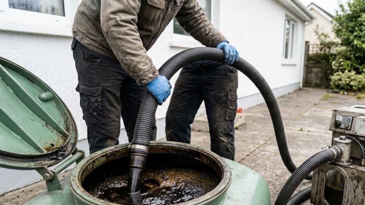 Een stookolietechnicus pompt een oude mazouttank leeg. De mazouttank is groen en staat voor een witte woning.