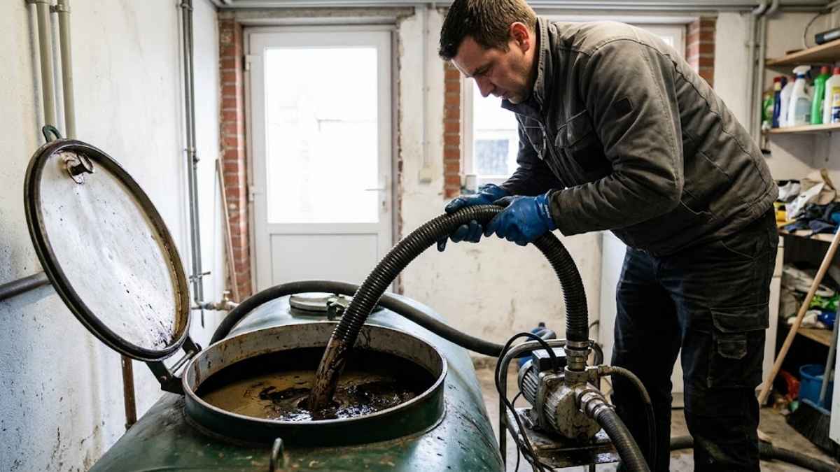Een stookolietechnicus pompt een oude mazouttank leeg. De mazouttank is groen en staat in een kelder.